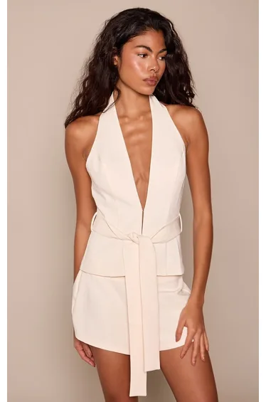 Cream Tailored Plunge Belt Detail Waistcoat Co-ord