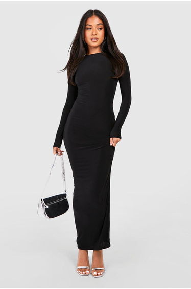Petite Slinky Scoop Neck Long Sleeve Maxi Dress - black