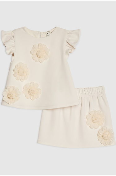Mini Girls Beige 3d Rosette Skirt Set