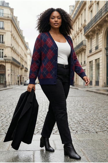 Navy Blue Baklava Patterned V-Neck Knit Cardigan