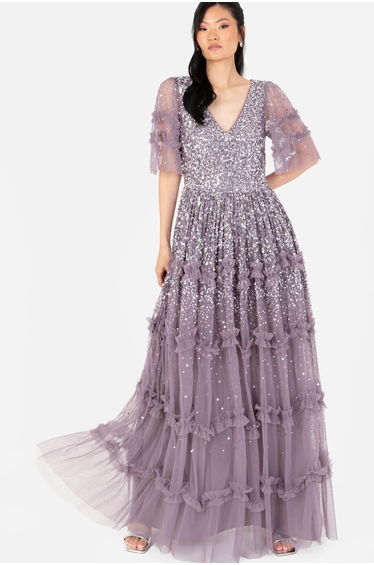 Maya Moody Lilac Fully Embellished Short Sleeve Maxi Dress