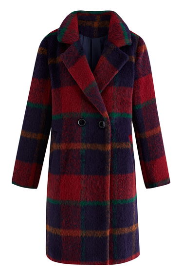 Festive Tartan Fuzzy Wool-Blend Blazer Coat