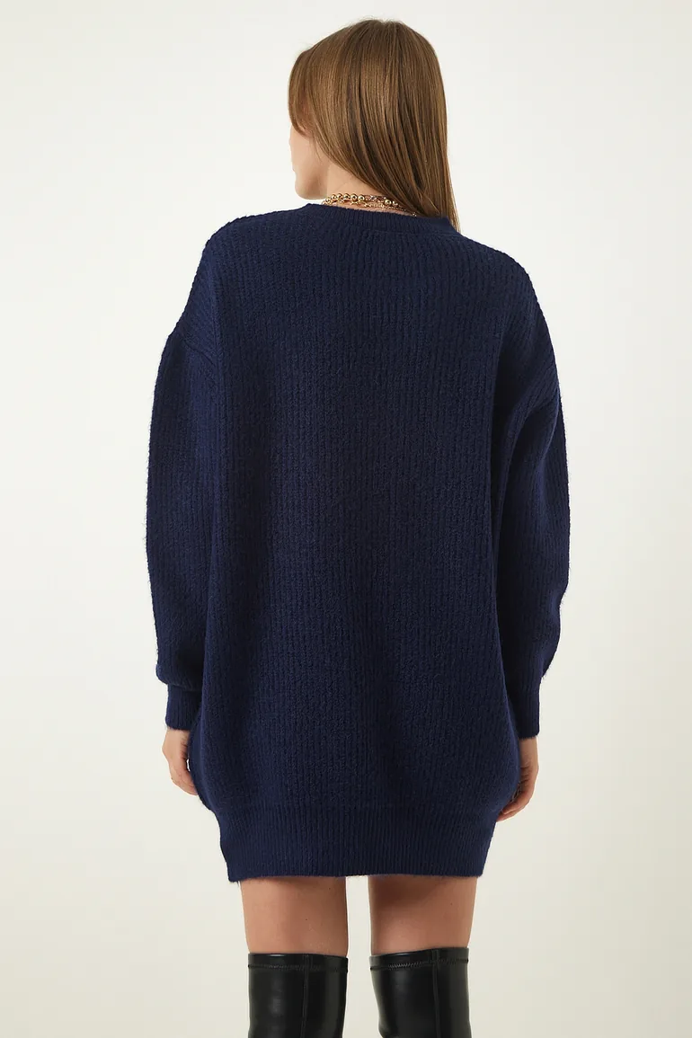 Navy Blue Oversize Long Basic Knitwear Sweater - 4
