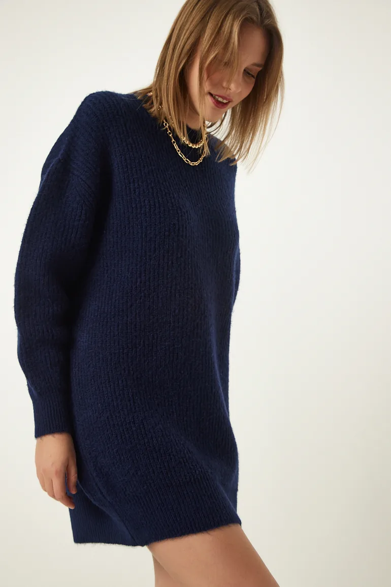 Navy Blue Oversize Long Basic Knitwear Sweater - 2
