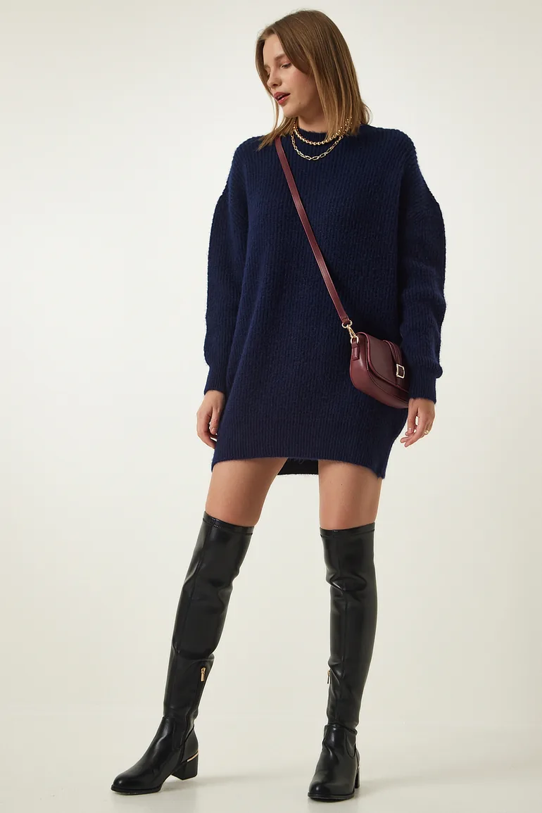 Navy Blue Oversize Long Basic Knitwear Sweater