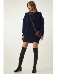 Navy Blue Oversize Long Basic Knitwear Sweater