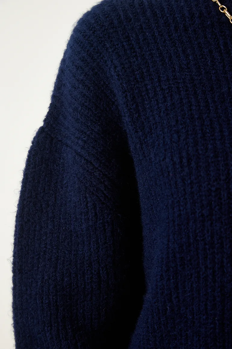 Navy Blue Oversize Long Basic Knitwear Sweater - 3