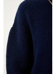 Navy Blue Oversize Long Basic Knitwear Sweater - 3