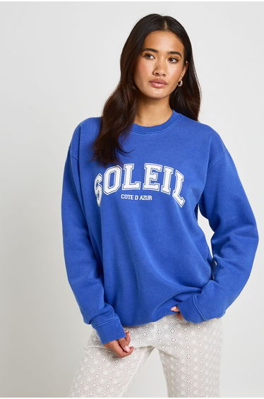 Soleil Printed Washed Oversized Sweatshirt - cobalt