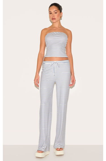 Blue Soft Touch Striped Mid Rise Wide Leg Trousers