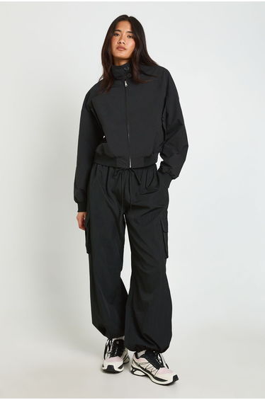 Button Up Funnel Neck Lightweight Bomber Jacket - black