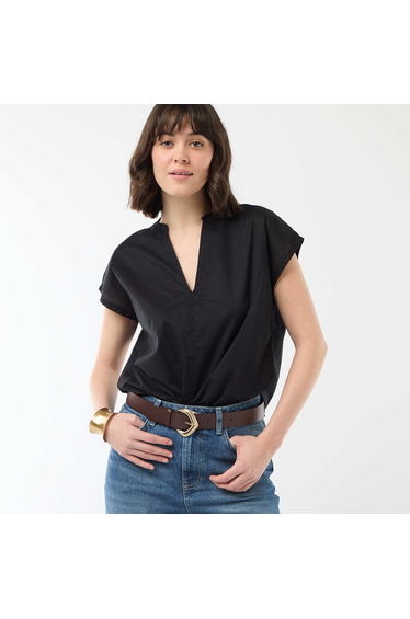 Short-Sleeved V-Neck Blouse BLACK