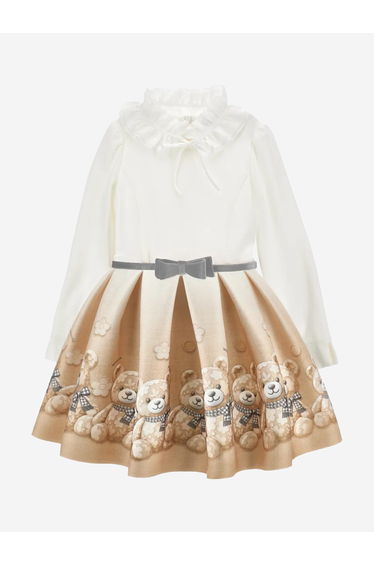 Monnalisa Girls Flower Teddy Bear Dress in Beige