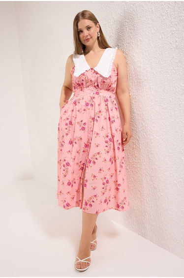 Pink Floral Poplin 100% Cotton Bebe Collar Midi Woven Large Size Dress