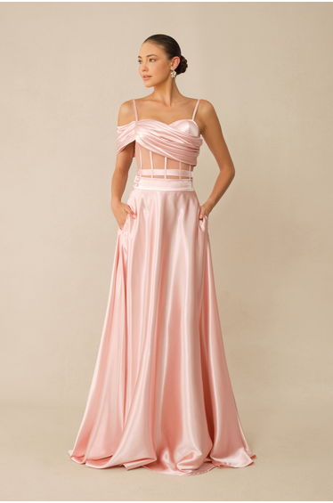 Sweet Aura Pink Corset Off Shoulder Top & Satin Skirt Set