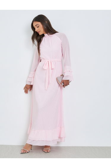 Pink Studded Ruffle Sleeves Maxi Dress
