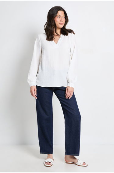 Bubble Crepe V Neck Long Sleeve Blouse