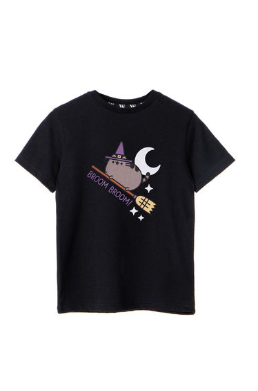 Pusheen Girls Broom Broom Halloween Short-Sleeved T-Shirt - Black