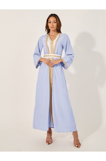 Mesh Insert V-Neck Lace Detail Belted Kaftan