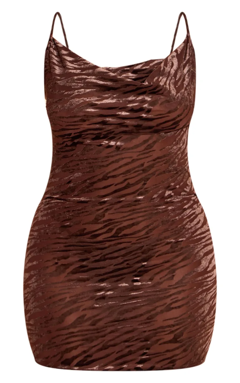 Shape Brown Zebra Print Devore Cowl Neck Mini Dress Prettylittlething Brown  : Party Dresses : VogaCloset Oman