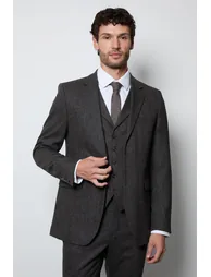 Dark Grey Wool Tweed 3 Piece Tailored Fit Suit Jacket