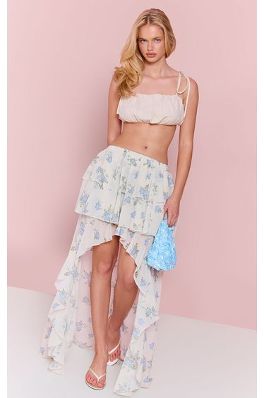 Blue Ditsy Print Chiffon Layered Rara Maxi Skirt