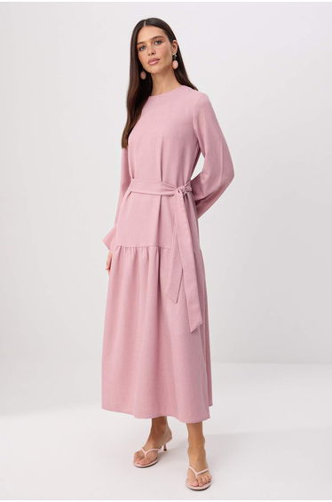 Lilac Belted Linen Look Woven Dress
