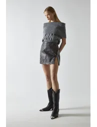 Black-Marble PU Split Mini Skirt