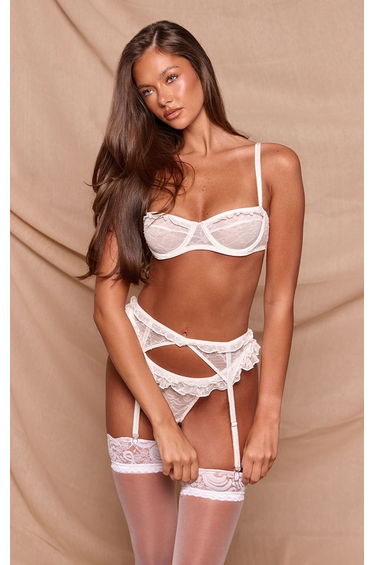 White Ruched Cup Frill Detail Suspender Bra Set