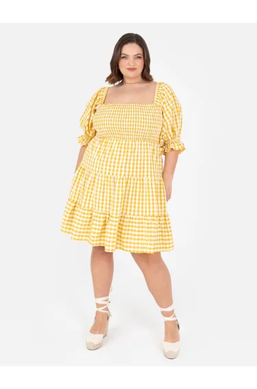 Lovedrobe Yellow Gingham Milkmaid Puff Sleeve Mini Dress