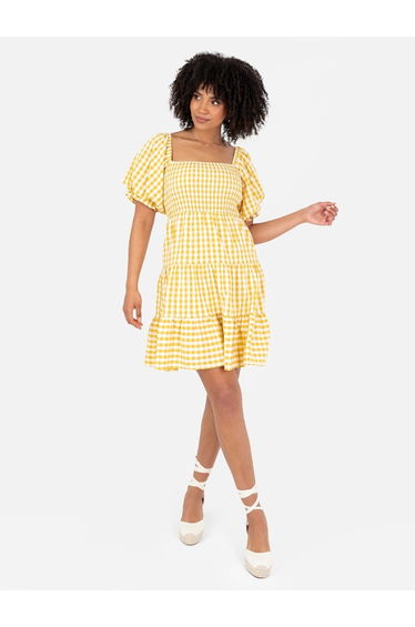 Lovedrobe Yellow Gingham Milkmaid Puff Sleeve Mini Dress