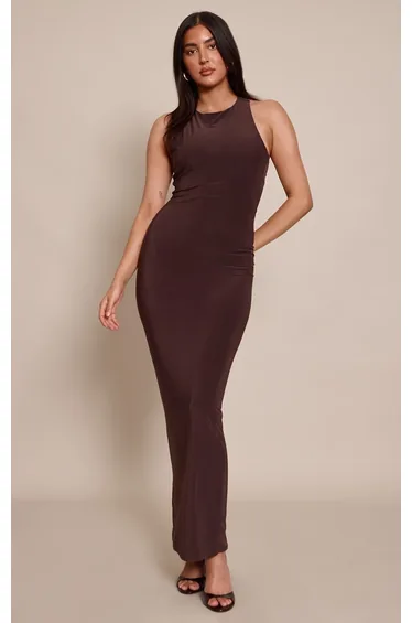 فستان ماكسي ضيق بظهر ملتف - بني
