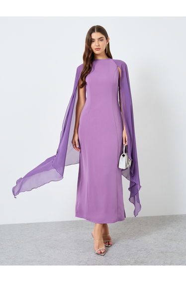 Solid Purple Cape Sleeve Maxi Dress