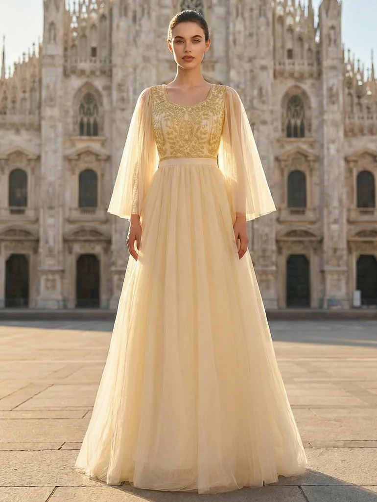 Leely Women's Elegant Round Neck Split Sleeve Graduation & Prom Dresses