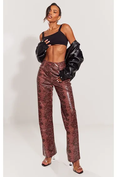 Red Faux Leather Snake Printed Straight Leg Trousers