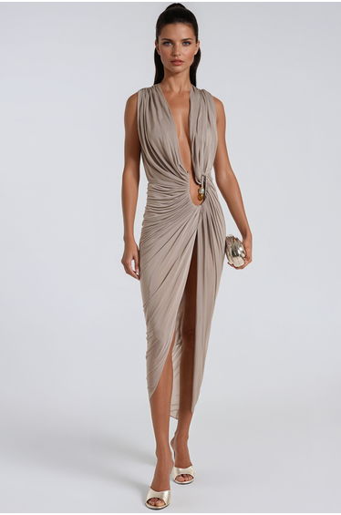 Ceylin Plunge Split Ruch Midi Dress