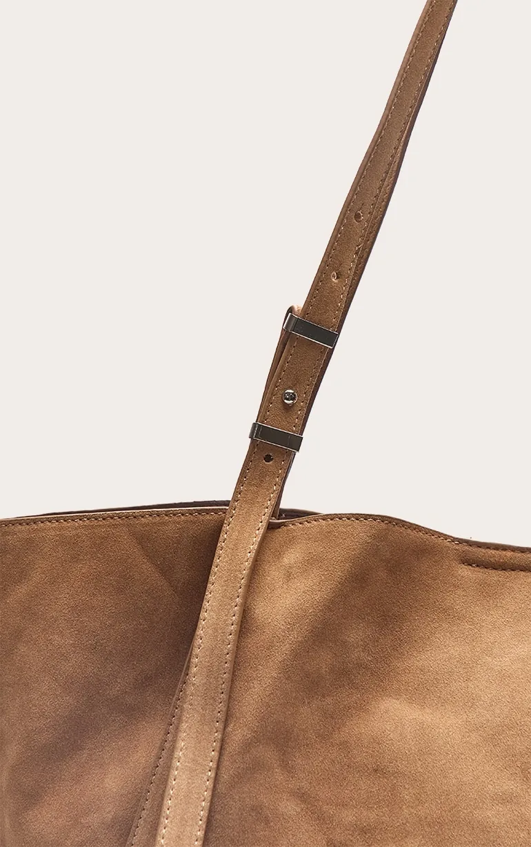 Tan Faux Suede Adjustable Strap Tote Bag - 4