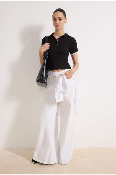 Black Fitted Polo Neck Short Sleeve Piped Corded Fabric Stretchy Knitted Blouse
