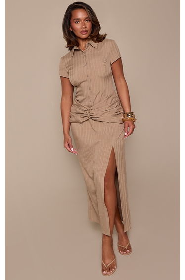 Shape Stone And Chocolate Pinstripe Belt Detail Button Down Maxi Dress