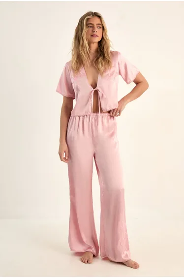 Bow Embroidered Pajama Trouser Set