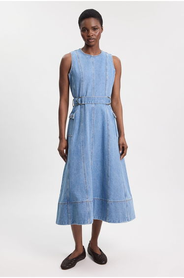 Denim Dropped Waist Full Skirted Midi Dress