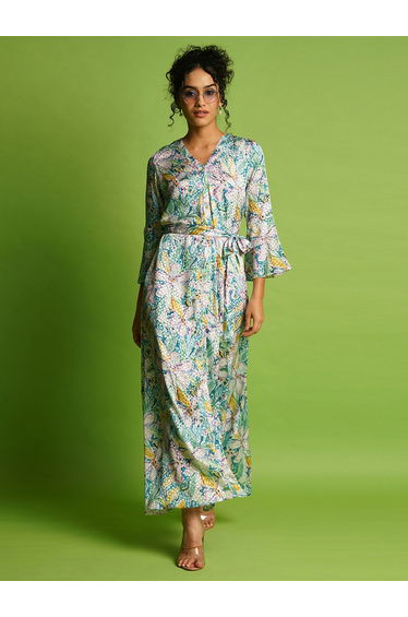 Floral Print Bell Sleeves Front Slit A-Line Belted Maxi Dress