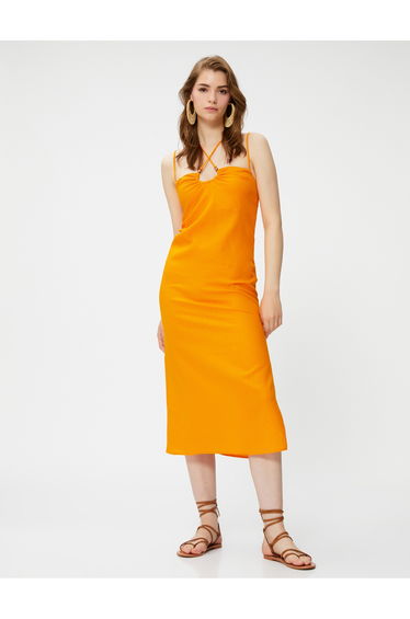 Linen Dress Midi Length Strap Bead Detailed