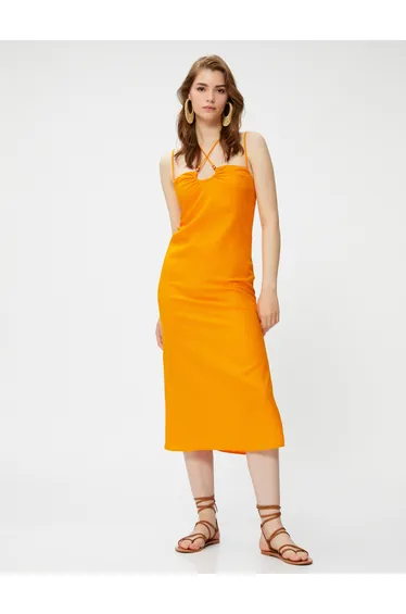 Linen Dress Midi Length Strap Bead Detailed