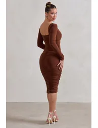 Seductress | Chocolate Long Sleeve Square Neck Ruched Midi Dress - 1