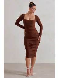 Seductress | Chocolate Long Sleeve Square Neck Ruched Midi Dress