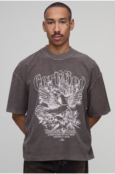 Taupe Washed Oversized Boxy Extended Neck Exposed Seam Dove T-shirt - taupe