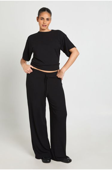 Plus Cinched Waist Boxy Top And Wide Leg Co Ord - black