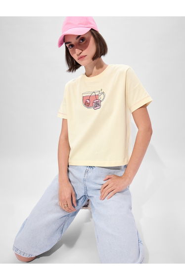 Cream Embroidered Cup Relaxed Fit T-Shirt
