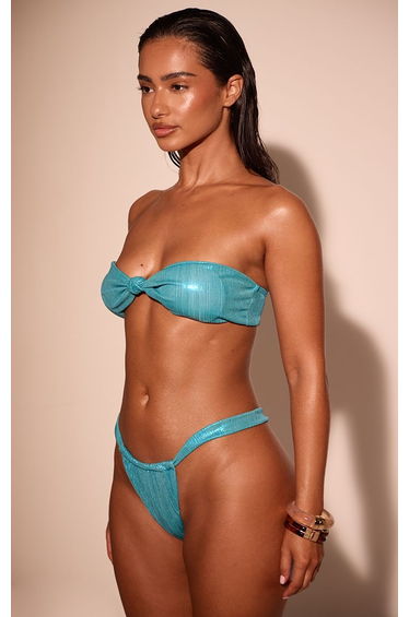 Teal Shimmer Ruched Tanga Bikini Bottoms